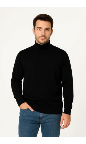 Erkek Yarım Boğaz Triko Kazak yumuşak dokulu Pamuklu ince Dokuma, uzun kollu Rahat Regular kalıp - Siyah