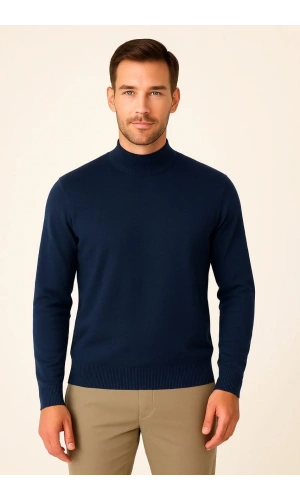 Erkek Yarım Boğaz Triko Kazak yumuşak dokulu Pamuklu ince Dokuma, uzun kollu Rahat Regular kalıp - Lacivert