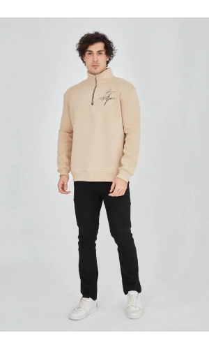 Erkek Yarım Fermuarlı Baskılı Sweat - Bej
