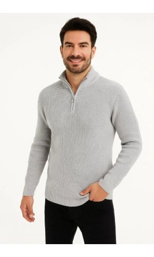 Erkek Yarım Fermuarlı Triko Kazak – Selanik Örgü, Dik Yaka, Pamuklu Dokuma, Regular Fit Uzun Kollu Kışlık Model - Gri