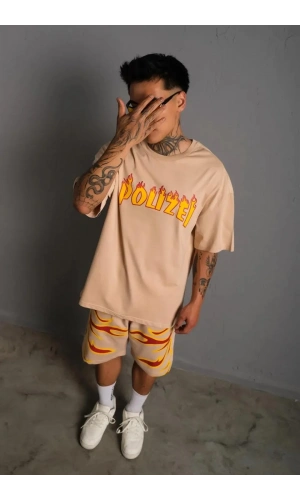 Erkek Alev Baskılı İkili Şortlu Takım - Bej