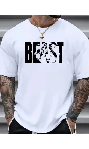 Eşsiz Baskı Tasarımlı Şık Büyük Beden Erkek Tişörtü - Rahat Polyester, Makinede Yıkanabilir, Yuvarlak Yaka - Her Mevsim İçin Mükemmel - Beyaz