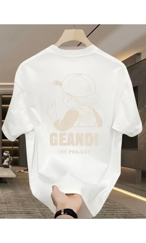 Geniş Kesim Pamuklu Tişört - GANDHI The Project Baskılı, Beyaz, Rahat Kesim, Kısa Kollu, Günlük Kıyafet, Her Gün Giyilebilecek Tişört- Beyaz