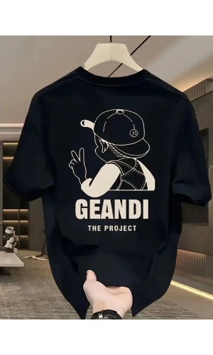 Geniş Kesim Pamuklu Tişört - GANDHI The Project Baskılı, Siyah, Rahat Kesim, Kısa Kollu, Günlük Kıyafet, Her Gün Giyilebilecek Tişört- Siyah