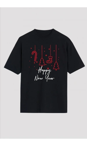 Happy New Year Baskılı T-shirt - Siyah