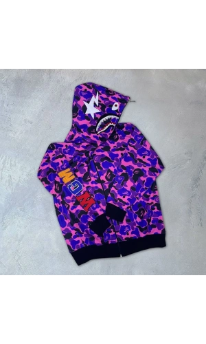 İki İplik Zıp Fermuarlı Nakışlı Kapüşonlu Hırka - Mor