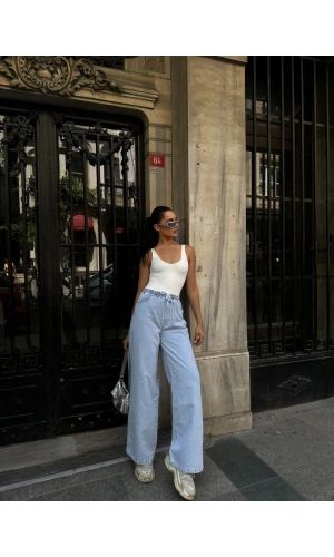 Kadın Arkadan Yırtmaçlı Jeans Kot Palazzo Pantolon - Mavi
