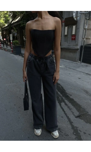 Kadın Arkadan Yırtmaçlı Jeans Kot Palazzo Pantolon - Siyah