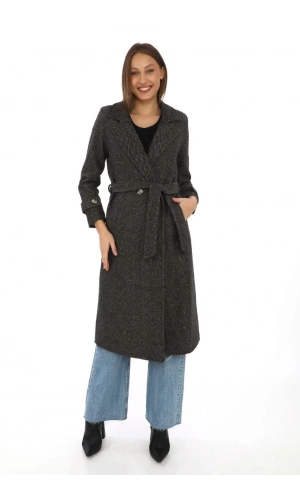 Kadın Astarlı Balık Sırtı Kaşmir Kaşe Kaban - Kahverengi