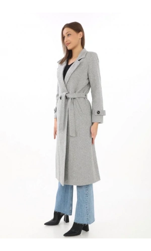 Kadın Balık Sırtı Kaşe Kaban – Uzun Boy Kruvaze Yaka Kuşaklı Astarlı Kışlık Tesettür Kaban, Yünlü Dokuma Kaşmir Kumaş, Cepli Rahat Oversize Kalıp Şık Modern Kaban Mont Modeli (Günlük ve Özel Gün Kombinlerine Uygun) - Gri