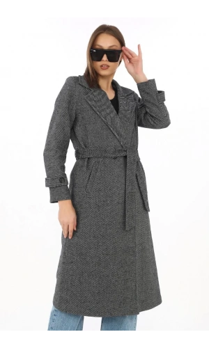 Kadın Balık Sırtı Kaşe Kaban – Uzun Boy Kruvaze Yaka Kuşaklı Astarlı Kışlık Tesettür Kaban, Yünlü Dokuma Kaşmir Kumaş, Cepli Rahat Oversize Kalıp Şık Modern Kaban Mont Modeli (Günlük ve Özel Gün Kombinlerine Uygun) - Füme