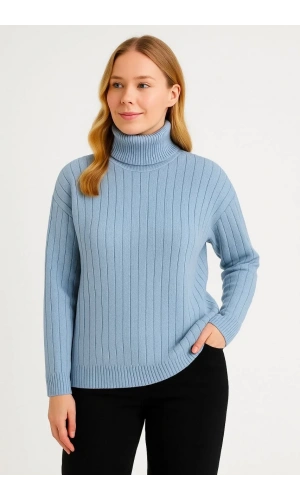 Kadın Balıkcı Yaka Bağazlı Triko Kazak Pamuklu Kalın Fitilli Dokuma - Bebek Mavisi