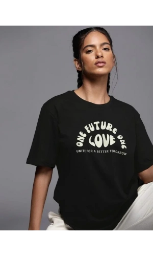 Kadın Baskılı Oversize T-shirt - Siyah