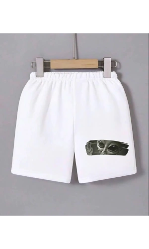 Kadın Beli Lastikli Baskılı Mini Şort - Beyaz