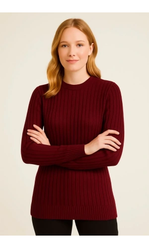 Kadın Bisiklet Yuvarlak Yaka Triko Kazak Pamuklu Kalın Fitilli Dokuma, Regular Fit Uzun Kollu Kışlık Model - Bordo