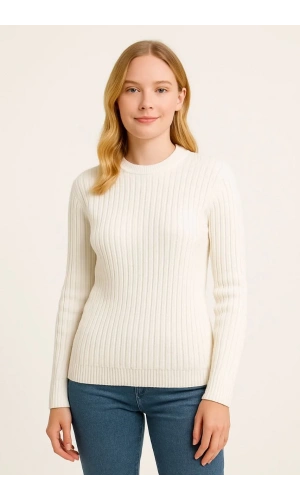Kadın Bisiklet Yuvarlak Yaka Triko Kazak Pamuklu Kalın Fitilli Dokuma, Regular Fit Uzun Kollu Kışlık Model - Beyaz