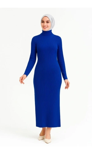 Kadın Boğazlı Uzun Fitilli Tesettüre Uygun Triko Dokuma Elbise - Saks Mavisi