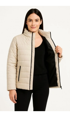 Kadın Bomber Mont Ceket – Su İtici Kumaş, Kapitone Astarlı, Fermuarlı, Kışlık - Bej