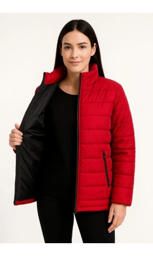 Kadın Bomber Mont Ceket – Su İtici Kumaş, Kapitone Astarlı, Fermuarlı, Kışlık - Kırmızı