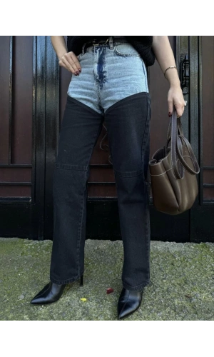 Kadın Jeans Kot Parçalı Palazzo Pantolon - Siyah