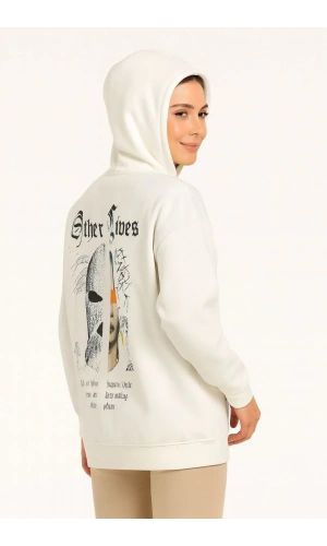Kadın Kapşonlu Sweatshirt – Oversize Üç İplik Şardonlu Hoodie, “Other Lives” Ön & Arka Baskılı, Kanguru Cepli, Kışlık Rahat Günlük Stil - Beyaz
