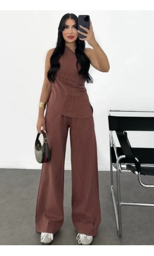 Kadın Keten Asimetrik Tek Omuzlu Bluz Pantalon Takım- Bordo