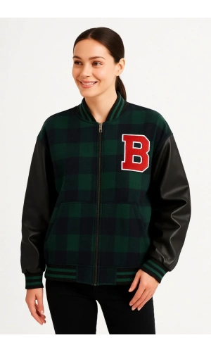 Kadın Kolej Ceket – Kareli Oduncu Kumaş, Kolları Suni Deri, Fermuarlı, İçi Kapitone Astarlı, Nakışlı Oversize Bahar & Kış Stil - Haki