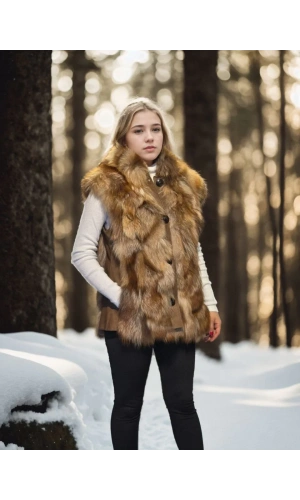 Kadın Kolsuz Hakiki Deri Kürk - Kahve