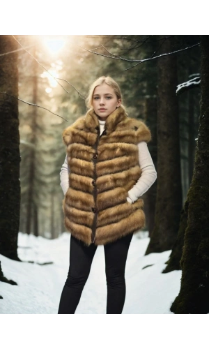 Kadın Kolsuz Hakiki Kürk - Kahve