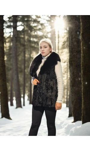 Kadın Kolsuz Hakiki Kürk - Siyah