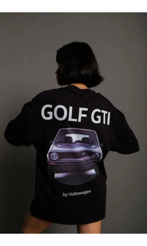 Kadın Oversize Baskılı Tişört – Golf GTI Retro Araba Desenli, Ön & Arka Dijital Baskı, Sokak Modası Stil - Siyah