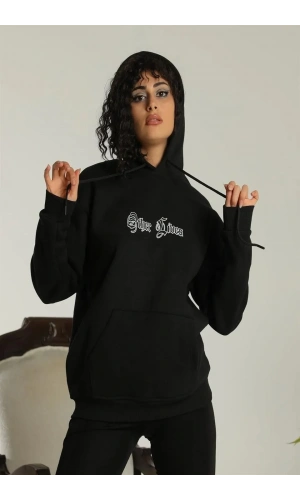 Kadın Oversize Üç İplik Kapüşonlu Sweatshirt – Siyah “Other Lives” Ön ve Arka Baskılı, Şardonlu Kışlık, Rahat Günlük Model Siyah