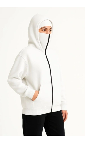 Kadın Samuray Ninja Çift Kapüşonlu Maske Detaylı Fermuarlı Kanguru Cepli Hoodie - Beyaz