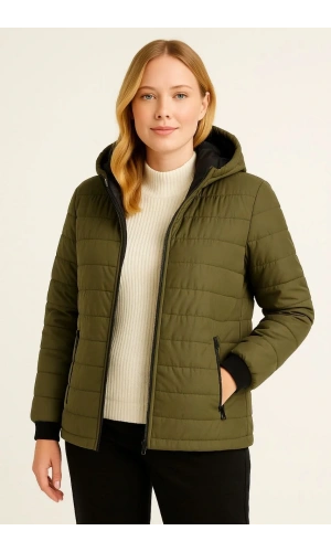 Kadın Şişme Kapüşonlu Fermuarlı Mont Su itici Kapitone Astarlı Kumaş Cepli Kışlık Rahat Kalıp - Haki