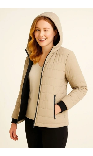 Kadın Şişme Kapüşonlu Fermuarlı Mont Su itici Kapitone Astarlı Kumaş Cepli Kışlık Rahat Kalıp - Bej
