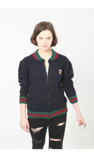 Kadın Tam Fermuarlı Triko Hırka - Lacivert