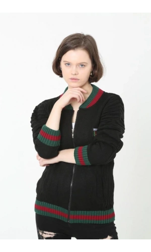 Kadın Tam Fermuarlı Triko Hırka - Siyah