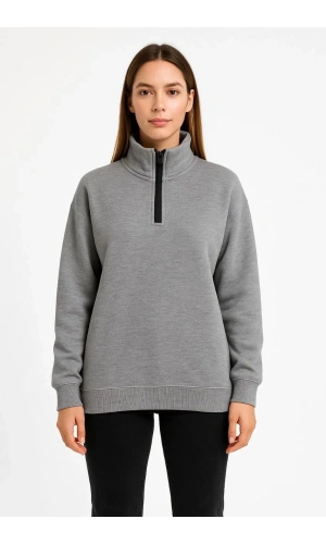 Kadın Üç İplik Dık Yaka Yarım Fermuarlı SweatShirt - Gri
