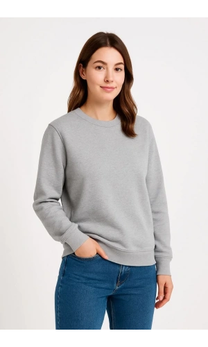 Kadın Üç İplik Düz Bisiklet Yaka SweatShirt - Gri