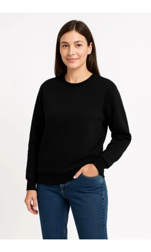 Kadın Üç İplik Düz Bisiklet Yaka SweatShirt - Siyah