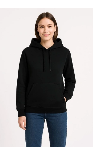 Kadın Üç İplik Kapüşonlu Kanguru Cepli Sweatshirt hoodie - Siyah