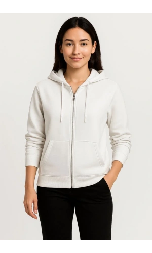 Kadın Üç İplik Kapüşonlu Tam Fermuarlı Kanguru Çepli SweatShirt Hoodie - Beyaz