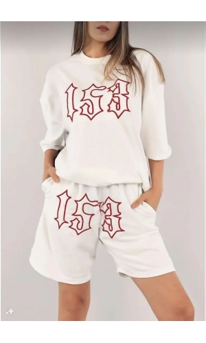 Kadın Unisex Nakış İşlemeli Şort Takım - Beyaz