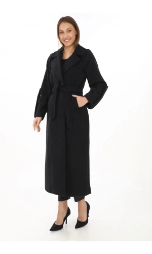 Kadın Uzun Kaşe Kaban – Yünlü Dokuma Kaşmir Kumaş, Kruvaze Yaka, Kuşaklı Astarlı Tesettür Uyumlu Şık Kışlık Siyah Model - Siyah