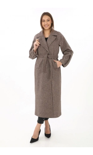 Kadın Uzun Kaşe Kaban – Yünlü Dokuma Kaşmir Kumaş, Kruvaze Yaka, Kuşaklı Astarlı Tesettür Uyumlu Şık Kışlık Siyah Model- Vizon