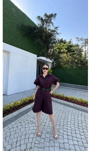 Kadın Yakalı Gömlek Kemerli Şortlu Takım - Bordo