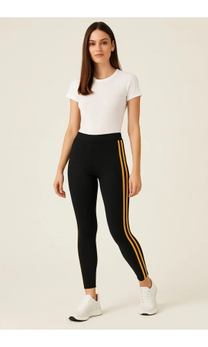 Kadın Yanı Sarı Şeritli Her Gardıropta Olması Gereken Tayt - Siyah