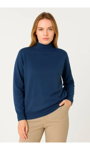 Kadın Yarım Boğaz Triko Kazak yumuşak dokulu Pamuklu ince Dokuma, uzun kollu Rahat Regular kalıp - İndigo