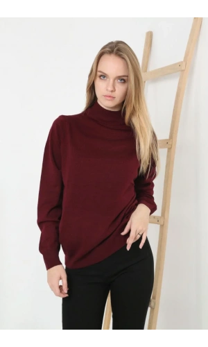 Kadın Yarım Boğaz Triko Kazak yumuşak dokulu Pamuklu ince Dokuma, uzun kollu Rahat Regular kalıp - Bordo