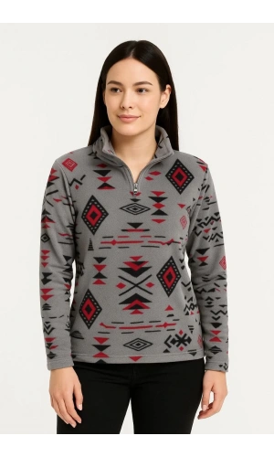 Kadın Yarım Fermuarlı Desenli Polar Sweat Tribal Etnik Desen Yakalı, Uzun Kollu, Oversize Rahat Kalıp - Füme